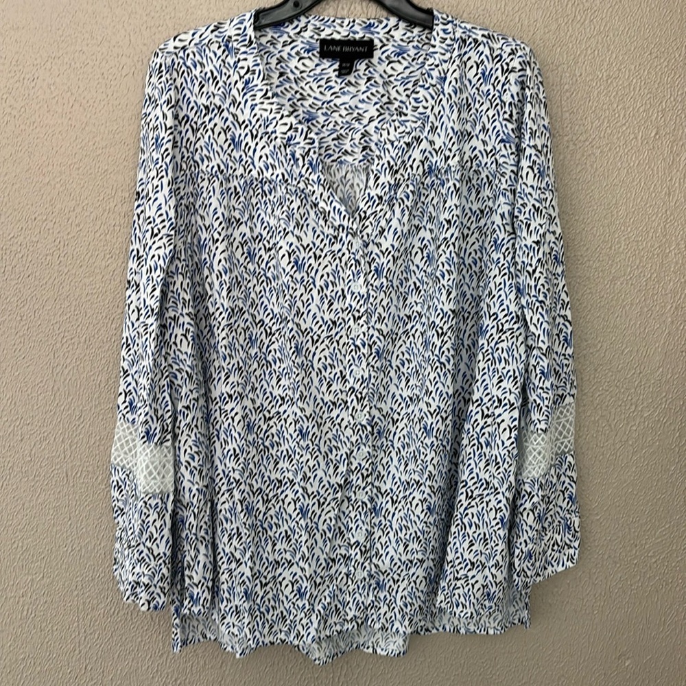 Lane Bryant Button Up White Blue Lace‎ Long Sleeve Top Women’s Plus Size 14/16